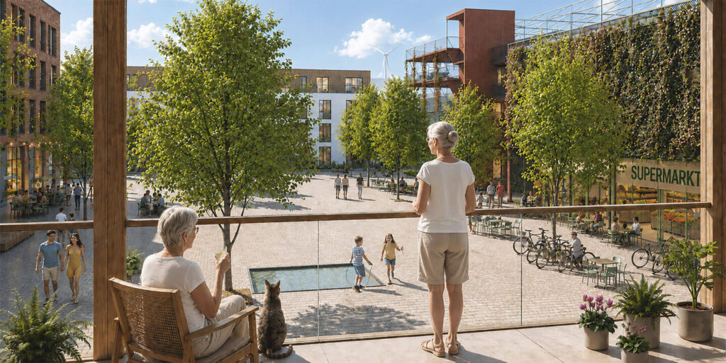 Rendering des Quartiers Schäferei Heidesee: Blick von einem Balkon über den Quartiersplatz mit Bäumen, spielenden Kindern und Bewohnerinnen.